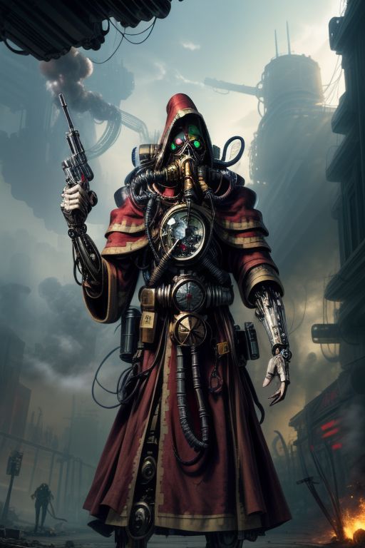 ((masterpiece,best quality)), absurdres, BREAK
mechanical arms, robes, hood, BREAK
((techpriest)), cyborg, mechanical face, mechanical limbs, gas mask, mechanical tentacles, (mechanical backpack), BREAK
1other, solo, holding pistol, firearm, handgun, pistol, gun, BREAK
factory background, smoggy sky, air pollution, smokestacks, BREAK