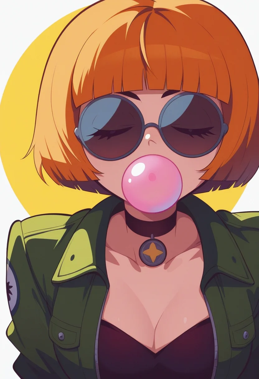 f11ph1style, masterpiece, best quality, solo, mathilda from leon, green jacket, black round sun glasses, choker, (bobcut:1.1), white background, blowing bubblegum, facing viewer,