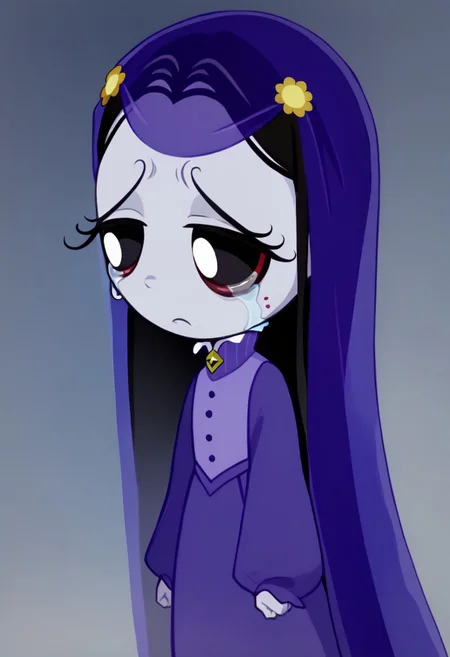 score_9, score_8_up, score_7_up BREAK MiseryRG, 1girl, black hair, black eyes, pale purple skin, tears trail, purple veil, yellow sunflower-shaped hairclips, white-collared purple buttoned dress, long purple sleeves,
