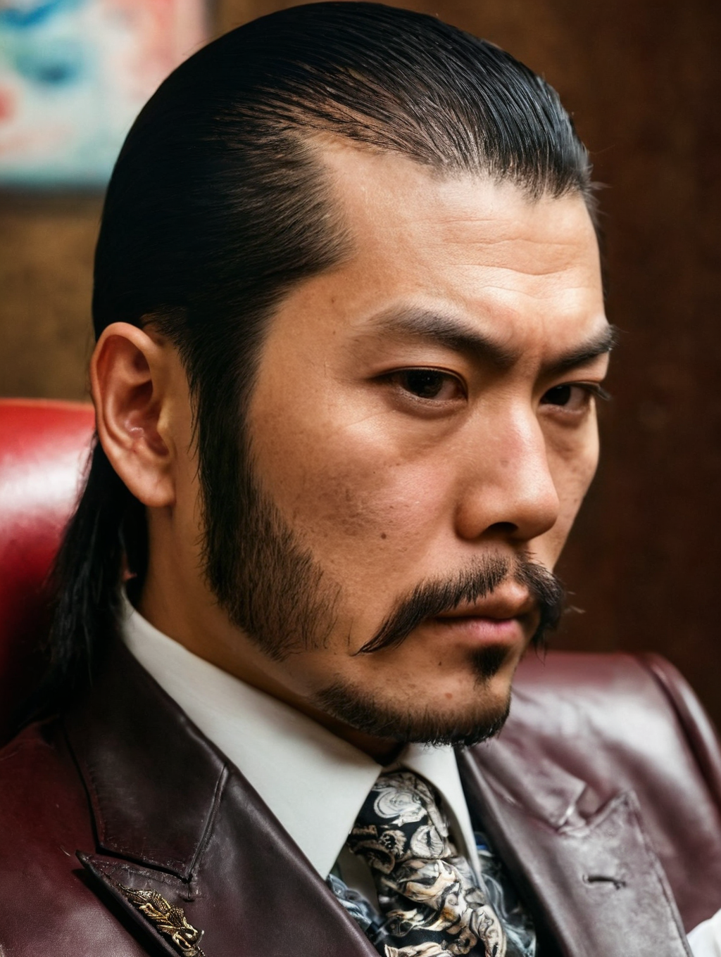 medium portrait of an japanese yakuza <lora:A_Sideburns_Cut:1.1>a_sideburns_cut,  side-burns, (mutton-chops:1.1), tatoos, sitting in leather chair, club background,