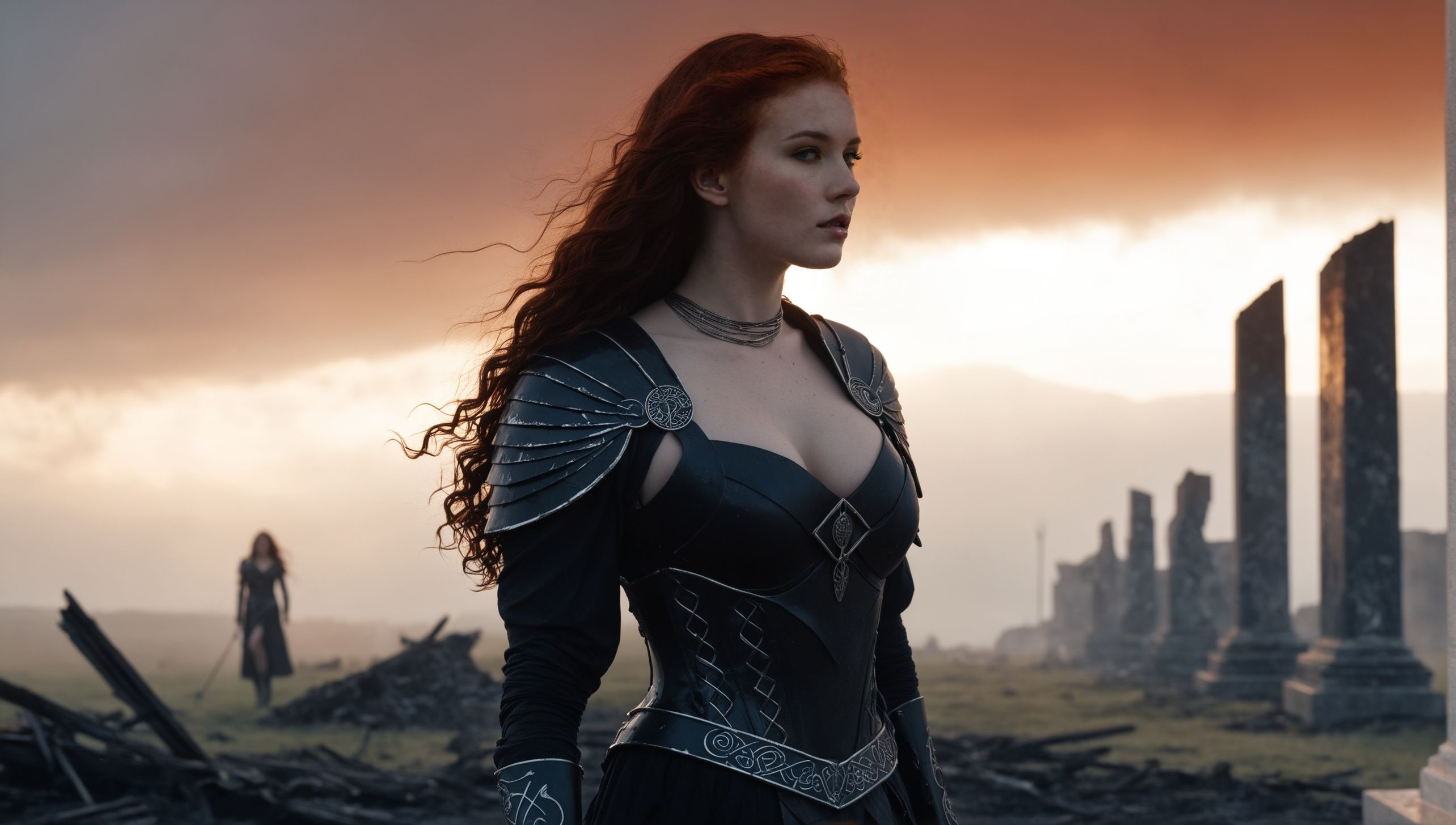 Anna_Keye, A dark Celtic goddess standing on a storm-lit battlefield at twilight, her long black hair swirling in the wind. Three crows circle above her as omens of fate. She wears ancient armor woven with raven feathers and etched with glowing red runes. Her eyes reflect death and prophecy. In her hand, a twisted spear forged of obsidian and bone. The ground is covered in mist, revealing flickers of fallen warriors beneath. Behind her, decaying cyberpunk ruins stretch into the distance—collapsed megastructures, shattered neon signs flickering in the haze, remnants of a failed technocracy. Faint circuitry glows along her skin like ancient code. Lightning cuts through the crimson sky, illuminating her silhouette. Cinematic composition, moody lighting, digital art, 16:9 wallpaper, 4K, highly detailed, ethereal atmosphere.