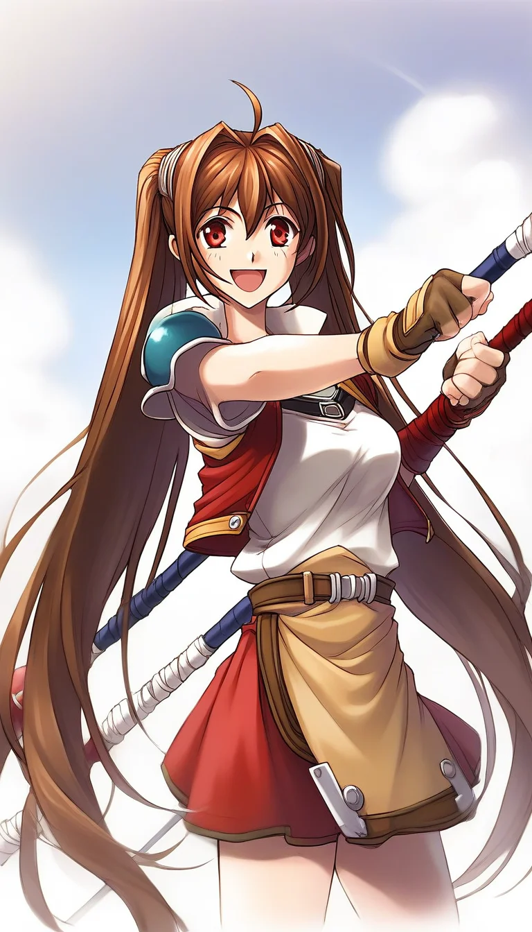 score_9, score_8_up, score_7_up, source_anime, rating_explicit, BREAK <lora:Estelle_Bright_Retro_XL:1> Estelle_Bright, brown hair, very long hair, twintails, ahoge, red eyes, hair intakes, medium breasts,
1girl, solo, twintails, gloves, weapon, fingerless gloves, smile, skirt, shorts under skirt, black shors, armor, staff, open mouth, cropped jacket, belt
outdoor, sky,