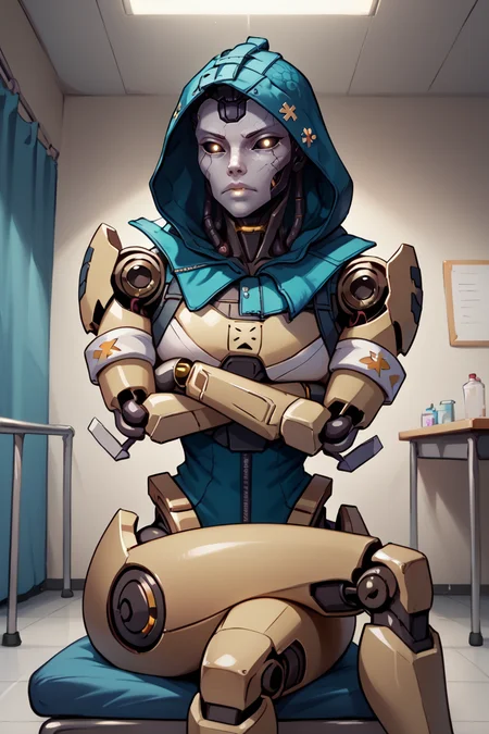 score_9, score_8_up, score_7_up, BREAK, 1girl, solo,  <lora:ashtf-guy-PONYv1:1>, ashtf, android, black sclera, robot, cracked skin, glowing, leotard, hood up, sitting, crossed arms, crossed legs, indoors, hospital, chair,