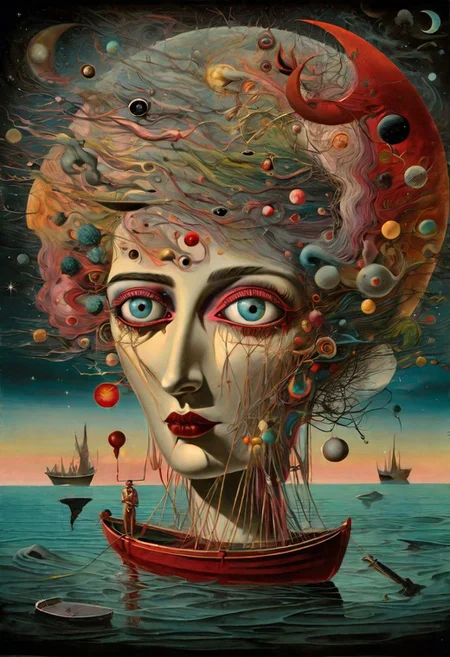 incredible beautiful landscape, dark biomorphic ,dark fantasy,multicolor,multilayer, 3d, threads, fibers, engraving, color illustration, star map, moon, volumetric, unusual  waxdrippings  and. a couple with a man, a bright  dada face, and women dark surreal  face with red eyes looking straight at you in a boat More surrealism and madness.much more surrealism and crazy designs. With gold and cardinal red surreal Salvador Dali clouds coming out of her head.more surrealism and bizarre designs with bright vibrant colours.