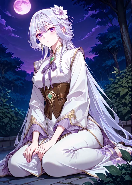 <lora:Chu_Qingcheng__Demon_Emperor__Illustrious:1>
1 girl, solo, long hair, white hair, layered hairstyle, side-swept bangs, flower hair ornament, hair flower, purple eyes,
chinese clothes, white long dress, gold-trimmed dress, brown corset, emerald gem, gem brooch, front bow, long sleeves
score_9, score_8_up, score_7_up, masterpiece, best quality, absurdres, perfect anatomy, 1girl, solo, wariza, sitting, hands on own knees, garden background, night, purple moon, <lora:iLLMythG0thicL1nes:1>