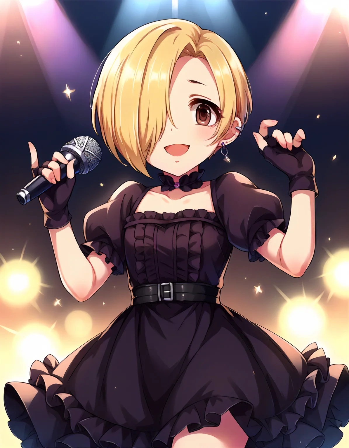 score_9,score_8_up,score_7_up,1girl,solo,cowboy shot,looking at viewer,shy smile,open mouth,holding microphone,stage lights,
<lora:shirasakakoume_ponyXLV6:0.8>,cgsko,
blonde hair,short hair,hair over one eye,brown eyes,
ear piercing,black dress,puffy short sleeves,frills,fingerless gloves