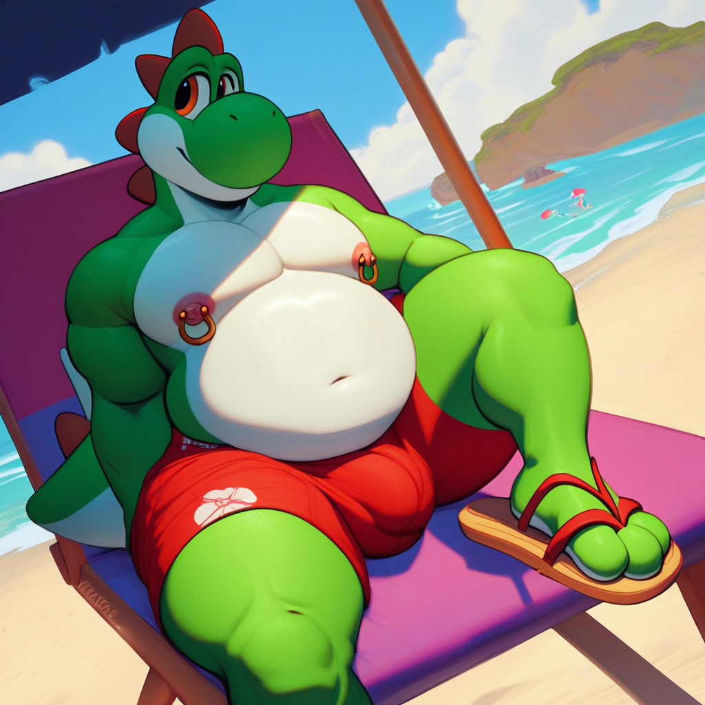 score_9, score_8_up, score_7_up, 2k, 4k, high res, 2d (artwork), Poppin, 1boy, solo, green skin, orange eyes, looking to the side, Yoshi, tail, furry, anthro, smiling, red swim trunks, topless, male swimwear, large hips, overweight male, beach sandals, fat, wide hips, large pectorals, nipple piercings, bottom heavy, thick thighs, massive bulge, beach background, sitting, sitting on beach chair, sitting under sun umbrella, side pov