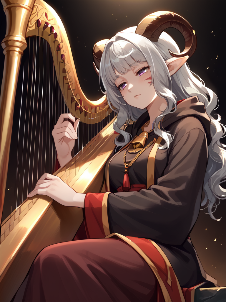 <lora:Pedal_harp:1>, pedal harp, holding instrument, sitting, from below:1.7, 
source_furry, score_7_up, rating_safe, cowboy shot, gold necklace, tiefing, short pointed ears, brown horns, (a pair of brown sheep Horns that begin at her temples and curve back: 1.5), bangs, long silver hair long wavy hair, pale skin, <lora:whisker_markings:0.8>red whisker_markings ,short pointy ears, purple eyes, <lora:age_slider_v4:0.6>   medium breasts, skinny female, close up, silver hair, <lora:Tieflingnew weird fantasyDND:0.3> Tiefling, pointed ears, horns, half-closed eyes<lora:Smooth Style 2 SDXL_LoRA_Pony Diffusion V6 XL:0.5> bell, robe, hood off,