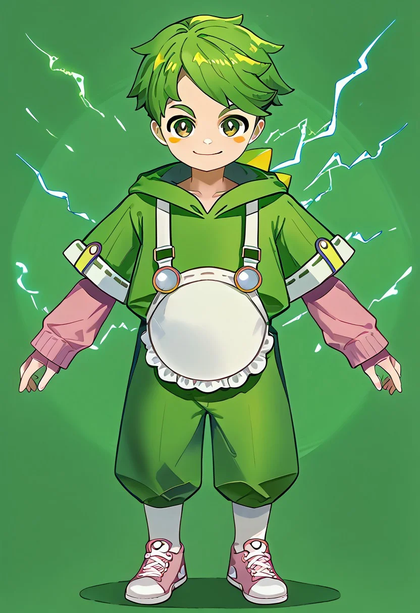 score_9, score_8_up, score_7_up, highly detailed, CuteCartoonStyle, cute boy, 1boy, solo, AwanoPB, 1boy, green hair, green iris, brown pupils, yellow blush, white suspenders, white round belly apron, short-sleeved green hoodie with white accents, long fingerless pink arm warmers, green pants, pink sneakers, white outsoles, <lora:AwanoPB:1>, at night, full moon, running, electricity, motion blur, green electricity, smug smile, green eyes, glowing eyes,
reference sheet,simple background,multiple views,full body,front view,front behinf,from side
