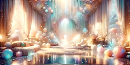 anime, best quality, absurd resolution, intricate detail, (perfect detail features), 8k, UHD, (masterpiece:1.4), high quality, high definition, animation, illustration, highly detailed, highres, extremely detailed, sharp focus, <lora:hyperdenoiser_v090:0.5>, <lora:hyperrefiner_v090:0.5>, <lora:add_detail:0.5>, 4k, absurd resolution, <lora:sd15_lora_beta:1>, garden, fluorescent, glowing, bioluminescence, light particles, vibrant, flora, sparks, opalescent, <lora:Sanctuary_of_Tourmaline:1>, (temple), sanctuary of tourmaline, gentle light, energy, gemstone, <lora:opal-style-darquelilly-v1:0.6> opalstyle, <lora:1710091483685932679:0.8> DreamColor, DreamLight, Dream, Dream-anime <lora:rainbow:0.5> iridescent, rainbow gradient, decorated with soft opalescent colors, luxurious plush furniture,gentle light filtering through the sheer curtains, pool, water, reflections,trickling fountain, oasis, tourmaline gemstone,