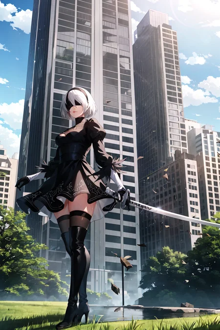 yorha no. 2 type b, 1girl, absurdres, black blindfold, black dress, black hairband, blindfold, blue sky, boots, building, city, cloud, covered eyes, debris, dress, feather-trimmed sleeves, feather trim, from below, gloves, grass, hairband, high heel boots, high heels, highres, juliet sleeves, katana, leather, leather boots, long sleeves, nier \(series\), nier automata, outdoors, overgrown, pod \(nier automata\), post-apocalypse, puddle, puffy sleeves, rubble, ruins, scenery, sky, thigh boots, thighhighs, thighhighs under boots, water
<lora:yorha_noDOT_2_type_b:0.5>