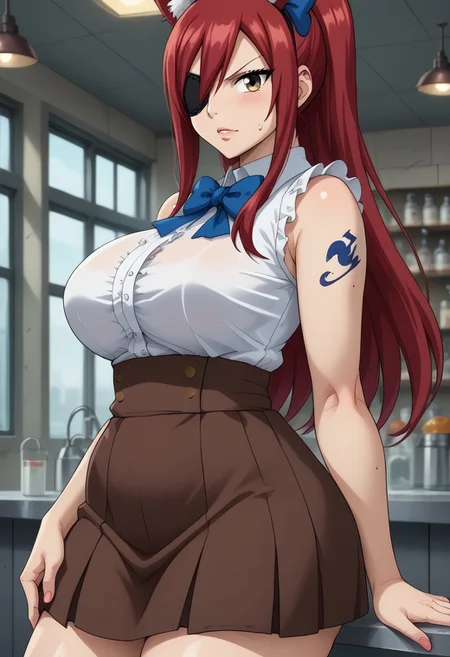 score_9, score_8_up, 1girl, solo, indoors, Laboratory background, Lab gear, erza scarlet transforming into withered foxy,
erza scarlet, long hair, red hair, hair between eyes, brown skirt, shirt, bow, boots, sleeveless, sleeveless shirt, tattoo, white shirt, frills,,plump, bbw, big ass,
Withered_FoxyFNAF, , animal ears, yellow eyes, torn clothes, no humans, robot, withered body, damaged, animatronic, joints, endoskeleton, left hook hand, eyepatch on left eye,