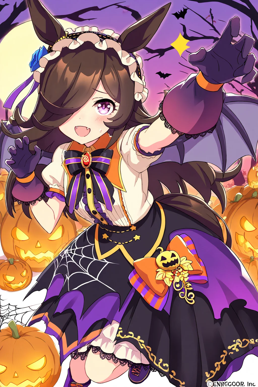 masterpiece,best quality,very aesthetic,absurdres,highres,newest,official art,official style,
1girl,solo,
rcs muv,rice shower (make up vampire!) (umamusume),rice shower (umamusume),
animal ears,bangs,bat wings,black bow,black bowtie,black skirt,
blue flower,blue rose,blush,boots,bow,bowtie,brooch,brown hair,
center frills,collared shirt,dress,eyebrows visible through hair,
flower,frilled hairband,frills,gloves,hair flower,hair ornament,hair over one eye,
hairband,halloween,high-waist skirt,horse ears,horse girl,horse tail,
jewelry,layered skirt,long hair,official alternate costume,orange bow,
puffy short sleeves,puffy sleeves,purple bow,purple eyes,purple footwear,purple gloves,
purple hairband,purple skirt,rose,shirt,short sleeves,skirt,spider web print,tail,violet eyes,white shirt,
standing,full body,
<lora:umamusume_rice_shower_ill_v1.0:1>,