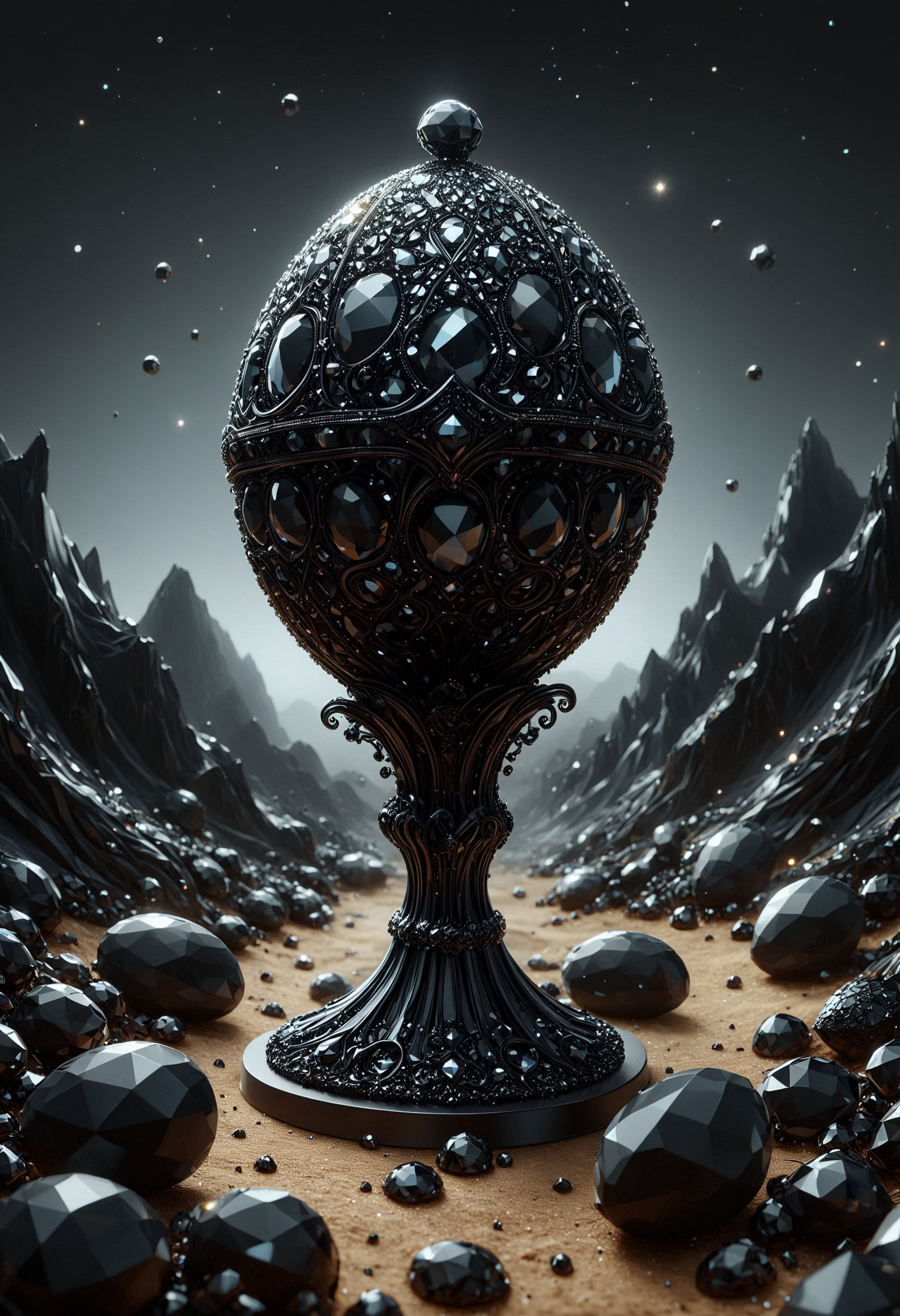 2000'S (Faberge egg:1.2) , Acadia National Park in background, Wide view, Realistic, Princecore, Rembrandt lighting, 800mm lens, absurdres, (designed by Tang Yau Hoong:1.0) , surreal, made out of black diamonds, <lora:PinkieBlckDmndsSDXL-v1:1>, p1nkblackd1am0nds,