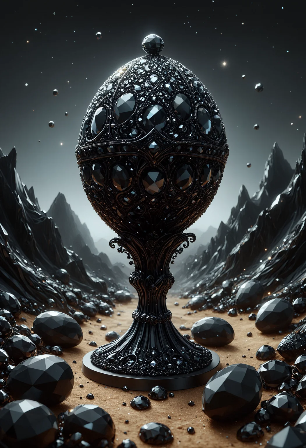 2000'S (Faberge egg:1.2) , Acadia National Park in background, Wide view, Realistic, Princecore, Rembrandt lighting, 800mm lens, absurdres, (designed by Tang Yau Hoong:1.0) , surreal, made out of black diamonds, <lora:PinkieBlckDmndsSDXL-v1:1>, p1nkblackd1am0nds,