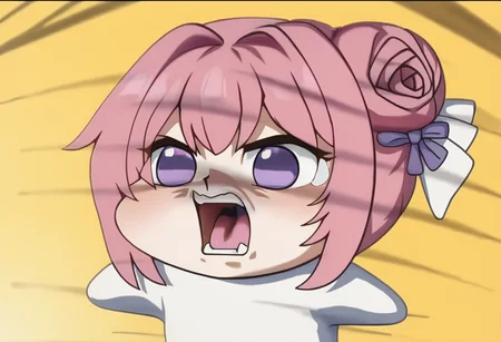 score_9, score_8_up, score_7_up, source_anime,
BREAK
<lora:shikaibaTestNoV1-000008:1.0>, kaibanodef,
open mouth, upper body, teeth, screaming, parody,
<lora:Doro_X_PDXL_V1:1.0> doro, creature, :3, chibi, pink hair, purple eyes, hair bun, hair bow, no humans, white skin, four legs, solid circle eyes, no pupils,