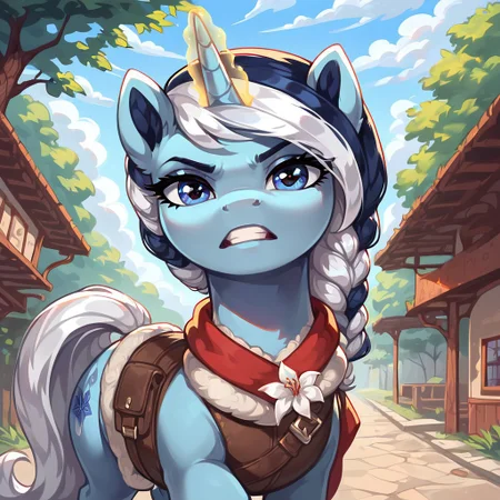 masterpiece, score_9, score_8_up, score_7_up, (best quality:1.1), ultra-detailed, high resolution, 1character, River Swirl, unicorn pony, light blue skin, fluffy pony ears, magic horn, glowing horn, black and white mane, feral, female, mare, commando outfit, holds the gun with magic, (((beautiful detailed kornflower blue eyes))), looking at you, long eyelashes, outdoors, Long eyelashes, Highly Visible, (((8k))), on the move, from Equestria at War, day, sun in the sky, outdoors, sharp focus, perfect lighting, beautiful eyes, detailed outfit, anatomically correct, extremely detailed, (trees and rivers,) shine on body, high detail, angry facial expression, Expressiveh, detailed background, OverallDetail, zPDXL2