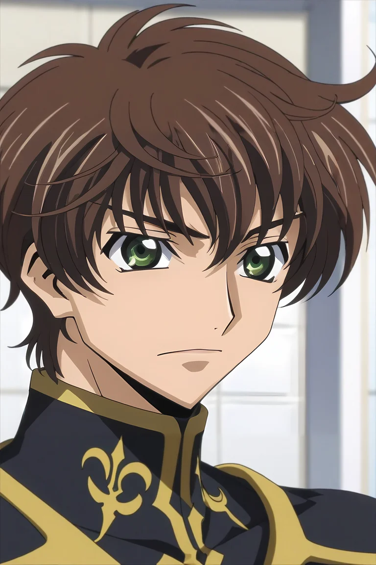 score_9, score_8_up, score_7_up, source_anime, rating_safe, intricate details, anime screencap, , official style, , , 1boy, solo, male focus, <lora:suzaku_kururugi_pony:0.92>, suzaku_kururugi, brown hair, green eyes, close-up, armory, day, arms behind back, nervous, demon costume, <lora:sdxl_lightning_8step_lora:1>