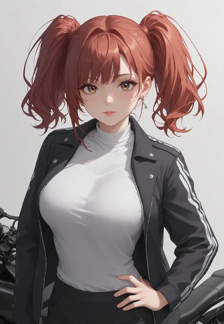 safe_pos, score_9, score_8_up, score_7_up, <laura:expressive_n: 1>, expressive_n, detailed eyes, beautiful, detailed background, perfect eyes,, expressive, 1 girl, visual novel character, sexy 20 year old girl, solo, <lоra: ikarus-chan_close:0.70>, short hair, red hair, two ponytails, shoulder-length ponytails, brown eyes, big breasts, black and white photo of a killer wearing a motorcycle jacket with japanese lettering on the back, solo, simple background, white background, jacket, monochrome, grayscale, weapons, lettering on clothes, skull on jacket, black pants with chains, full height, hand on hip