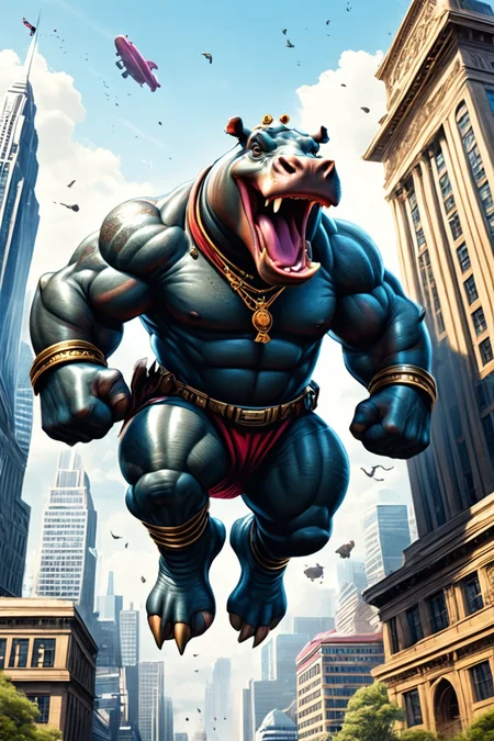 Detailed digital illustration of an anthro Hippopotamus (Jumping mid-air, expressing joy) at a Mega-corporation headquarters with imposing architecture, <lora:xl_more_art-full_v1:0.5>,  <lora:anthro_muscular:0.7>,  <lora:MJ52:0.6>, <lora:madpunk:0.4> madpunk