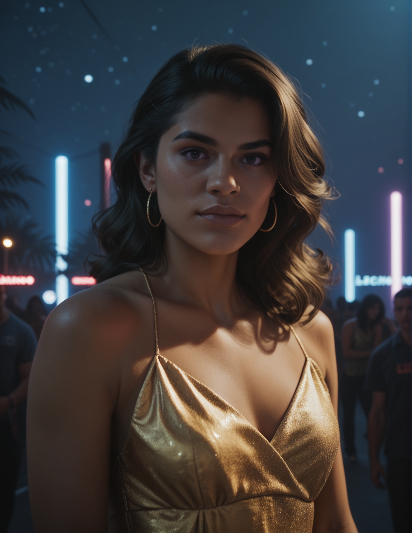 woman, portrait, beautiful, sligtly dark skin, night club background, neon, golden dress <lora:Lucia_CaminosVI:1> lucia_caminos, score_9, score_8_up, score_7_up, score_6_up, (ultra sharp focus)