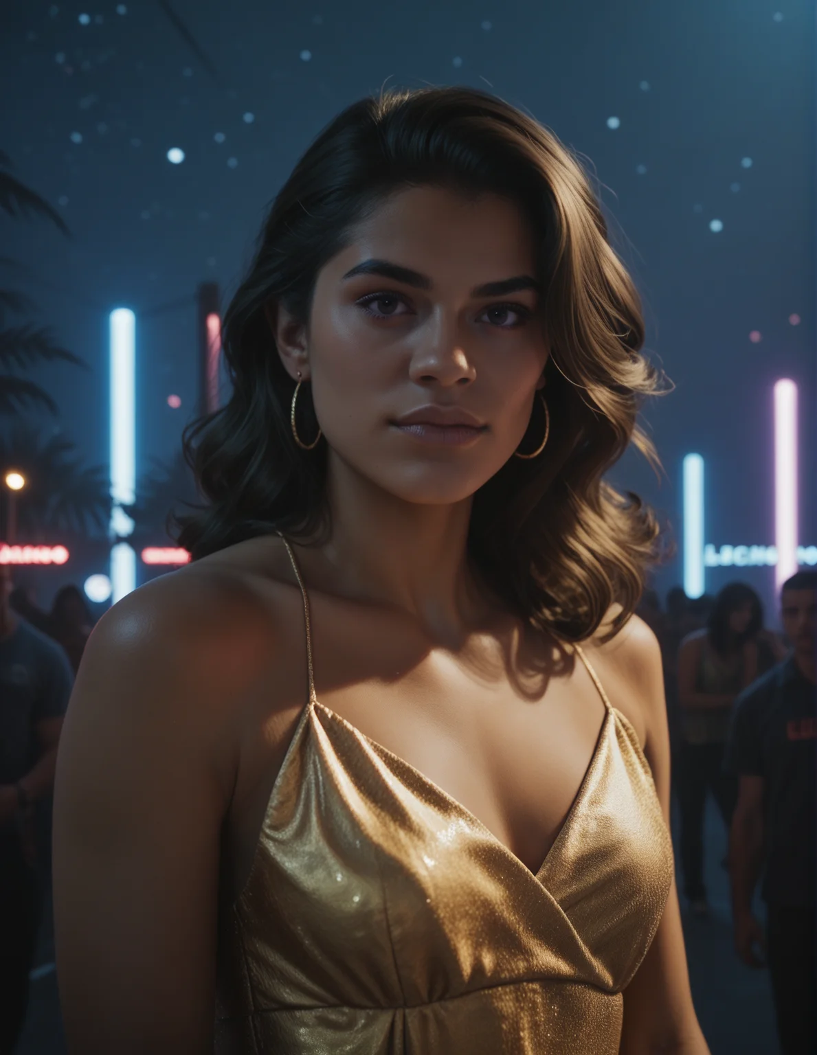 woman, portrait, beautiful, sligtly dark skin, night club background, neon, golden dress <lora:Lucia_CaminosVI:1> lucia_caminos, score_9, score_8_up, score_7_up, score_6_up, (ultra sharp focus)