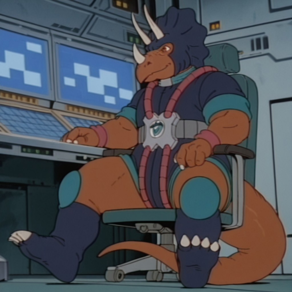 masterpiece, best quality, amazing quality, TriceroDsil, anthro, male, Triceratops, brown skin, brown eyes, dark blue helmet, dark blue bodysuit, teal trim, rolled sleeves, red wristbands, teal kneepads, dark blue boots, claws, claws,  solo, 1boy, full body, sitting, inside, on chair, at computer