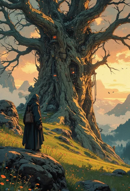 A mystical, epic fantasy landscape featuring a lone cloaked figure standing on a rocky hilltop, gazing at a massive, ancient tree with sprawling branches. The tree is illuminated by the golden glow of the setting sun, casting dramatic shadows and creating a warm, ethereal atmosphere. In the background, misty mountain ranges stretch into the horizon under a partly cloudy sky with soft beams of sunlight piercing through. The ground is covered in lush green grass, scattered with small flowers and fallen leaves dancing in the wind. Birds are flying around, adding to the sense of mystery and grandeur. High detail, cinematic lighting, epic fantasy aesthetic with a magical, serene vibe