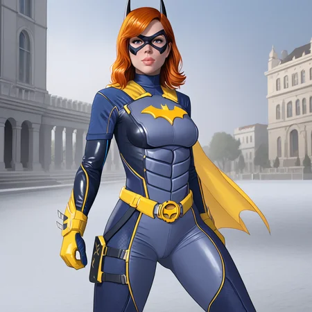<lora:batgirlgothamknights_pony_v1:.8> BatgirlGothamKnights, 1girl, gloves, superhero, bodysuit, belt, cape, domino mask, orange hair