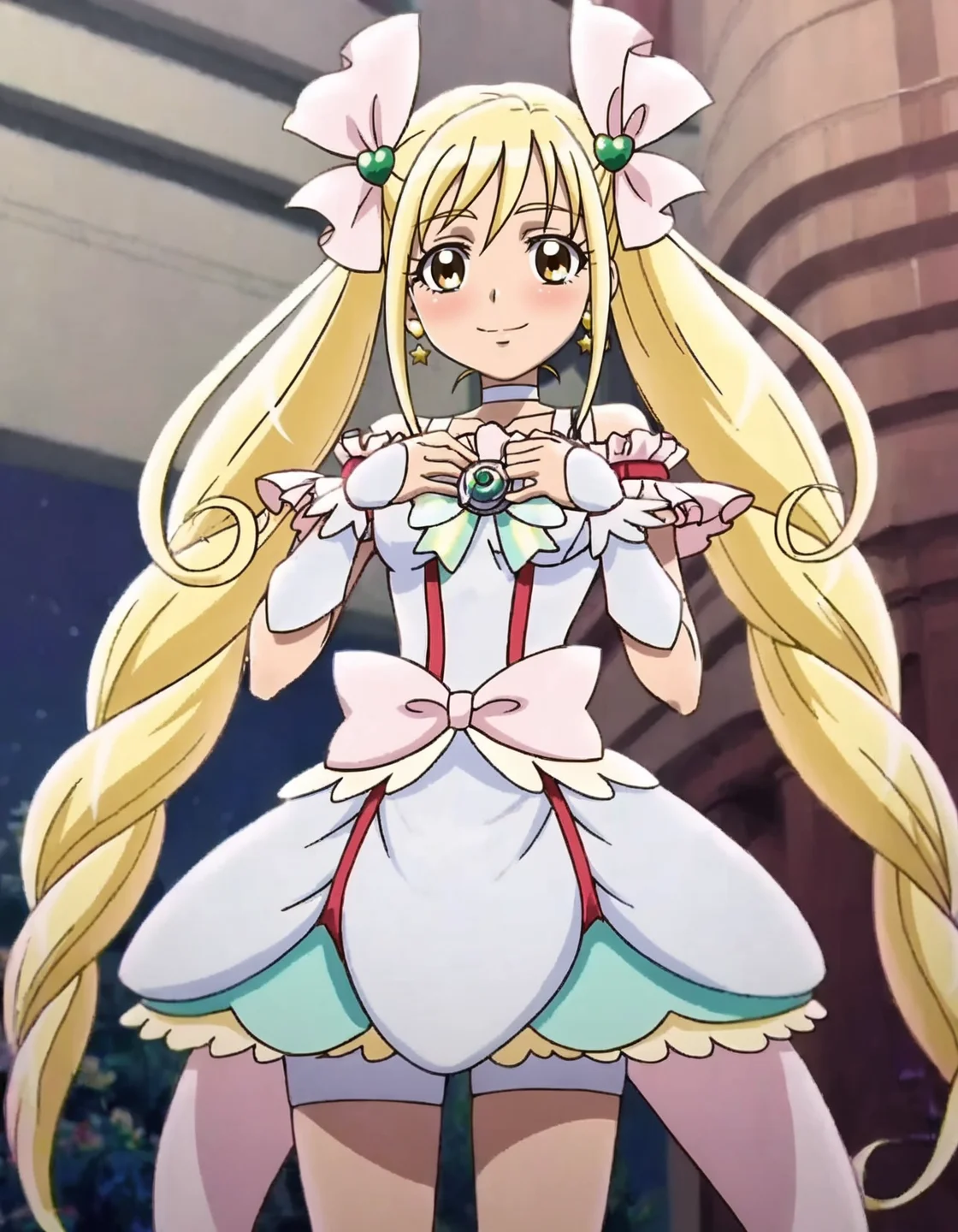 score_9, score_8_up, score_7_up,anime screencap,1girl,solo,cureecho, white choker, waist bow, choker, pink bow, smile, magical girl, hair ornament, ribbon, jewelry, skirt,wrist cuffs, hair ribbon, looking at viewer, dress, bike shorts under skirt, frills, brooch, heart,medium breasts,blush,<lora:cureecho:0.8>