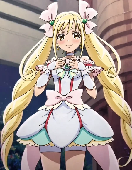 score_9, score_8_up, score_7_up,anime screencap,1girl,solo,cureecho, white choker, waist bow, choker, pink bow, smile, magical girl, hair ornament, ribbon, jewelry, skirt,wrist cuffs, hair ribbon, looking at viewer, dress, bike shorts under skirt, frills, brooch, heart,medium breasts,blush,<lora:cureecho:0.8>