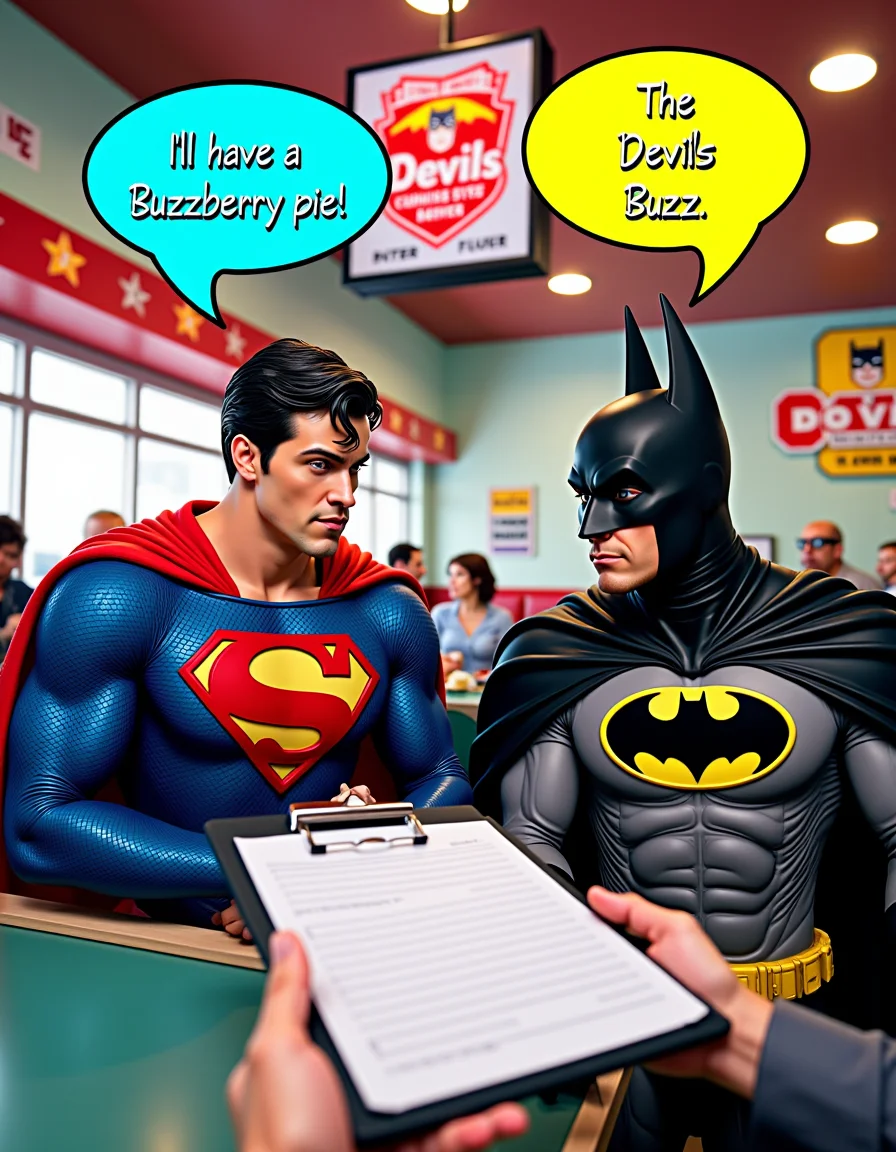 Superman and Batman sitting at a diner. Superman and Batman look towards the viewer. It's a POV shot where the viewer holds a clipboard, taking their orders. A speech bubble coming from Superman shows the blue text: "I'll have a Buzzberry pie!". A speech bubble coming from Batman shows the yellow text: "The Devil's Buzz.". aidmaTextImprover, <lora:TextimproverV0.4:1>