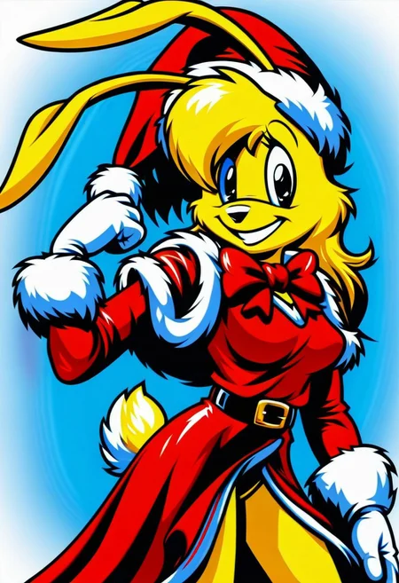 score_9, score_8_up, score_7_up, score_6_up, score_5_up, score_4_up, retro artstyle, BREAK
LoriJackRabbitPXL, rabbit girl,1girl, solo, hat, fur trim,yellow hair,rabbit tail, animal ears, dress, white gloves, gloves, santa hat, red headwear, makeup, blue background, bow, belt, red dress, red bow,yellow fur, fur-trimmed dress, looking at viewer, furry female, smile, fur-trimmed sleeves, black eyes, furry, choker, bowtie, eyeshadow, long sleeves, christmas, red bowtie, breasts, cowboy shot, happy, gradient background, standing, santa costume, red choker, cropped legs, simple background, signature,rabbit tail, deer ears, fur-trimmed headwear, medium hair, fox ears
<lora:lorijackrabbit-v1:0.9>