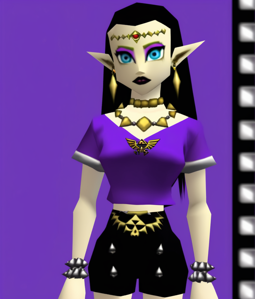 portrait of princess zelda as a mall goth dressed in black mini shorts and purple top, punk, n64style, black hair, mascara, eyeshadow, frown, bored, looking away, crossed arms, studded bracelet, earrings, spiked collar, skull, blue eyes, black lipstick, bat wings<lora:oot-xl-merge-final:0.9>