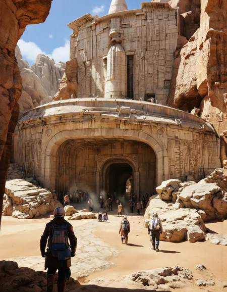 By Brandon Le. A photo-realistic shoot from a far camera angle about a futuristic, ancient stone structure with intricate carvings and hieroglyphics, set in a desert-like environment. the image also shows a large stone structure in the center of the image, which appears to be a large, circular structure with a tall, domed structure at the top, surrounded by large, jagged rocks with ancient, stylized carvations. on the left side of the structure, a group of people can be seen walking towards it, while on the right side, a few more people are standing in front of it. in the foreground, a man and a woman are walking towards the entrance of the stone structure, with the woman wearing a backpack and the man wearing a helmet. the woman is holding a blue backpack, and they are both facing away from the camera. the man has a backpack on his back, and the woman has a helmet on her head. the scene is set against a bright, sunny sky with a warm, golden light, casting shadows on the rocky terrain.