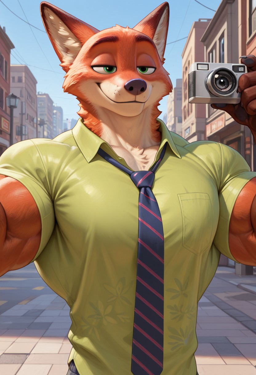 (masterpiece, best quality:1.2), amazing quality, very aesthetic, 32k, absurdres, extremely beautiful, newest, scenery, extra details, (sharp detailed:1.2),
solo, city street, sunny day,
green shirt, tie,  smiling, waking toward camera,
(anthro:1.5), (nickwilde:1.2, male anthro fox), two tone fur, fox ears, red fur, white fur, green eyes,
 <lora:Furry_Anthro_Lora_Nick_Wilde_Zootopia:0.8>
Muscle, bigger_muscles, large_muscles, hyper_muscles, huge_muscles,hyper muscles, huge_muscles, biceps, enormous_muscles, huge_biceps, huge_pecs; inflated_muscles, muscleblimp, gigantic_pecs, gigantic_biceps, gigantic_muscles, massive_muscles, massive_biceps, massive_pecs, muscular_chest, gigantic_body
