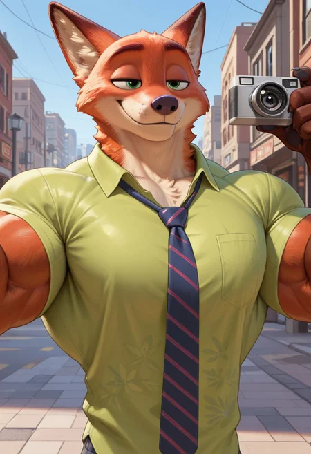 (masterpiece, best quality:1.2), amazing quality, very aesthetic, 32k, absurdres, extremely beautiful, newest, scenery, extra details, (sharp detailed:1.2),
solo, city street, sunny day,
green shirt, tie, smiling, waking toward camera,
(anthro:1.5), (nickwilde:1.2, male anthro fox), two tone fur, fox ears, red fur, white fur, green eyes,
<lora:Furry_Anthro_Lora_Nick_Wilde_Zootopia:0.8>
Muscle, bigger_muscles, large_muscles, hyper_muscles, huge_muscles,hyper muscles, huge_muscles, biceps, enormous_muscles, huge_biceps, huge_pecs; inflated_muscles, muscleblimp, gigantic_pecs, gigantic_biceps, gigantic_muscles, massive_muscles, massive_biceps, massive_pecs, muscular_chest, gigantic_body