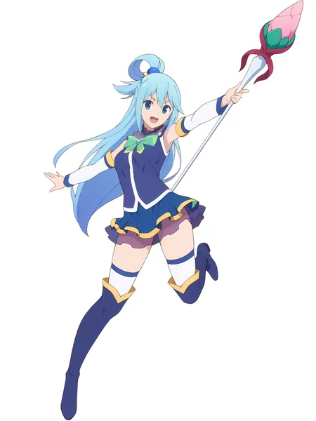 <lora:Aqua:0.8>, aqua, 1girl, solo, blue eyes, long blue hair, ahoge, looped side ponytail, hair ring, frilled high collar, bare shoulders, detached white sleeves, green chest bow, blue shirt, blue miniskirt, white thighhighs, blue boots, joyful, open mouth, dynamic pose, outstretched arms, aiming with hand, holding staff, looking at viewer, full body, white background