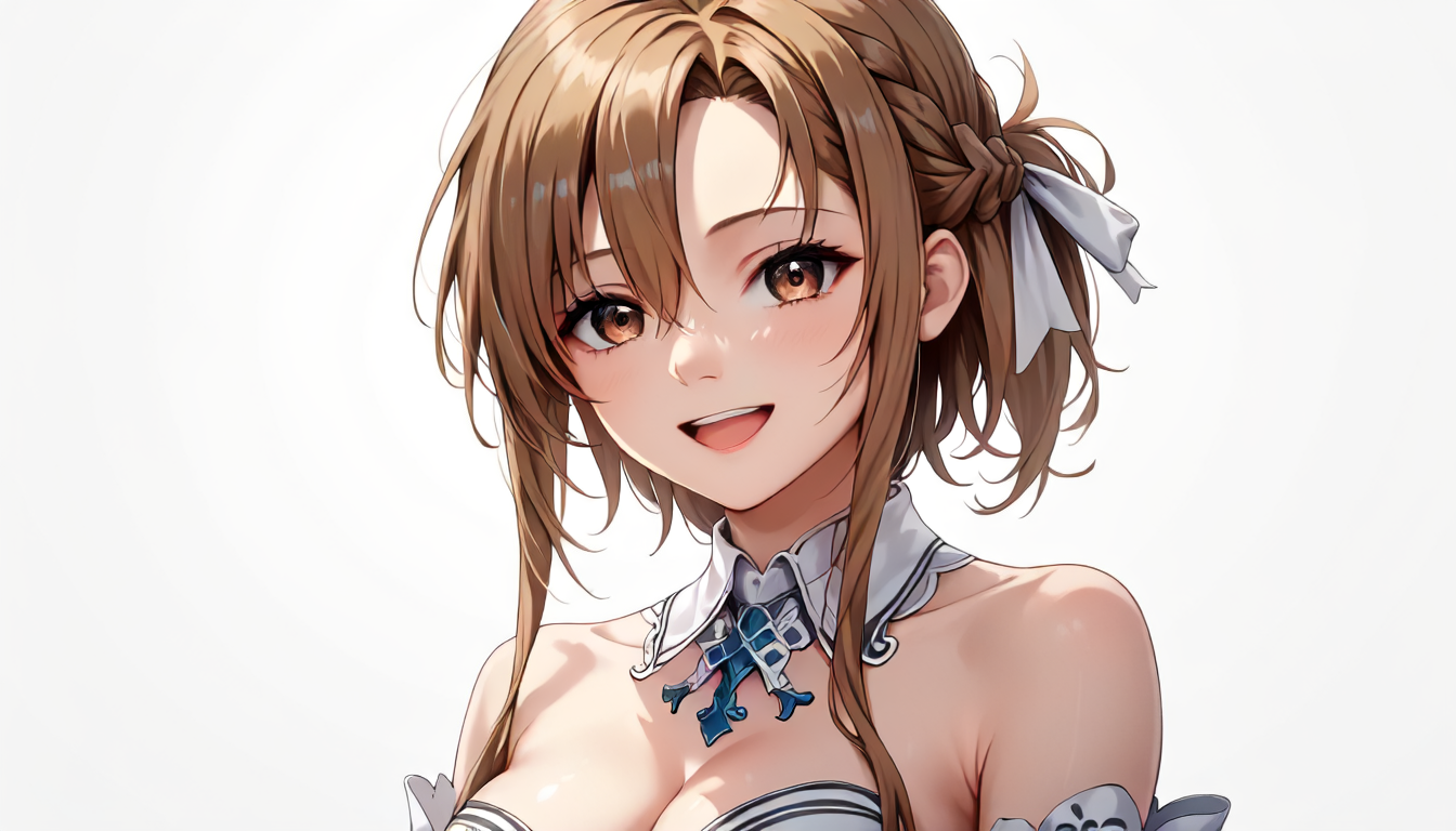 score_9,score_8_up,score_7_up,score_6_up,score_5_up,score_4_up,full body,source_anime,<lora:Anime_Style_For_Pony:0.5>,asuna_sao,<lora:asuna_sao_pony:0.9>,(beautiful eyes),1girl,braid,brown eyes,brown hair,cleavage,detached collar,hair between eyes,hair ribbon,half up braid,long hair,looking at viewer,medium breasts,open mouth,short ponytail,smile,solo,upper body,white background,white collar,white dress,white ribbon,