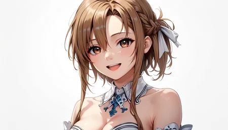 score_9,score_8_up,score_7_up,score_6_up,score_5_up,score_4_up,full body,source_anime,<lora:Anime_Style_For_Pony:0.5>,asuna_sao,<lora:asuna_sao_pony:0.9>,(beautiful eyes),1girl,braid,brown eyes,brown hair,cleavage,detached collar,hair between eyes,hair ribbon,half up braid,long hair,looking at viewer,medium breasts,open mouth,short ponytail,smile,solo,upper body,white background,white collar,white dress,white ribbon,