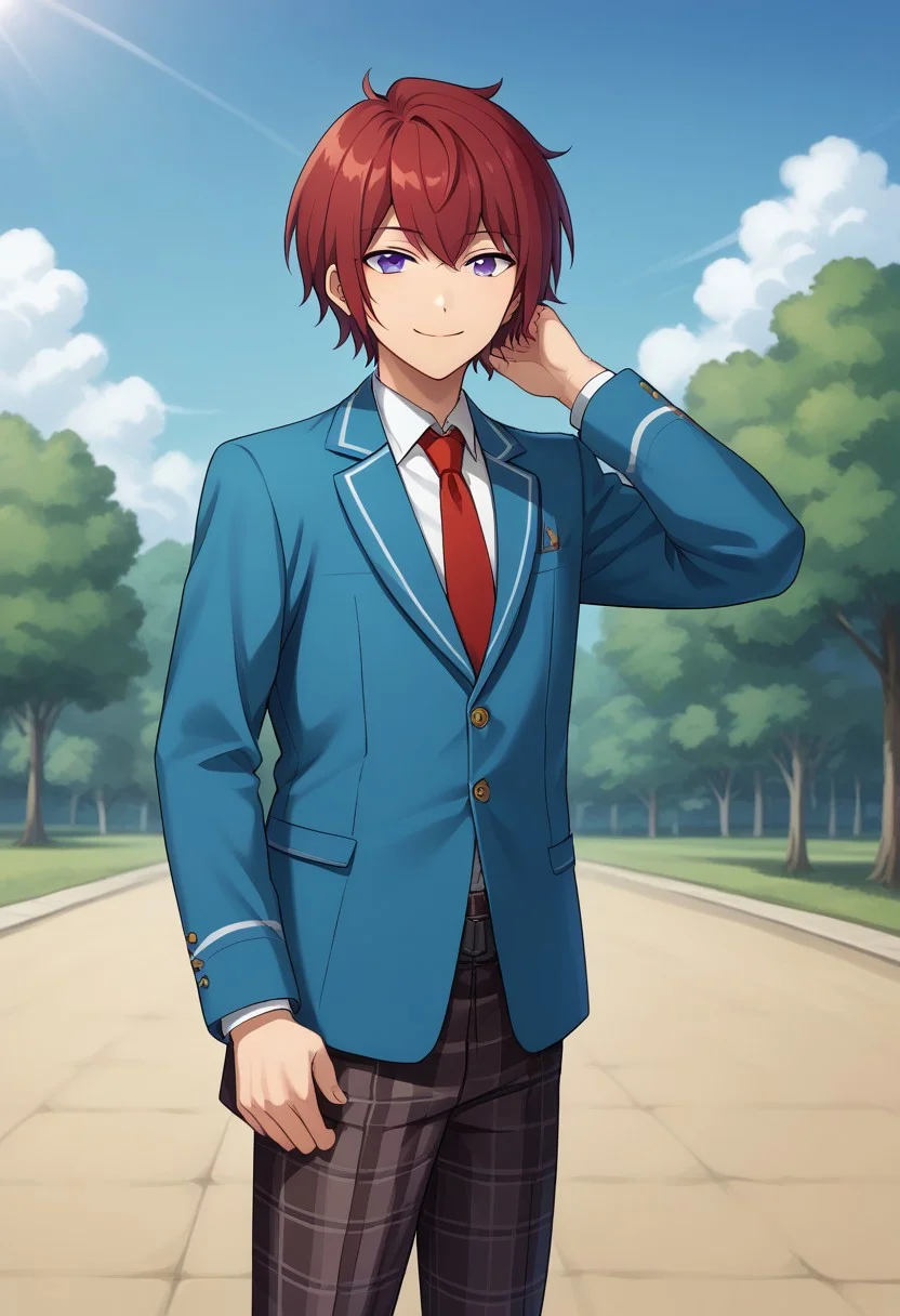 score_9, score_8_up, score_7_up, source_anime, highly detailed,
tsukasasuou, 1boy, plaid pants, male focus, school uniform, solo, necktie, plaid,
blazer, purple eyes, pants, red hair, jacket, blue jacket, red necktie,
looking at viewer, smile, closed mouth,
outdoor, sky, upper body,