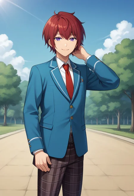 score_9, score_8_up, score_7_up, source_anime, highly detailed,
tsukasasuou, 1boy, plaid pants, male focus, school uniform, solo, necktie, plaid,
blazer, purple eyes, pants, red hair, jacket, blue jacket, red necktie,
looking at viewer, smile, closed mouth,
outdoor, sky, upper body,