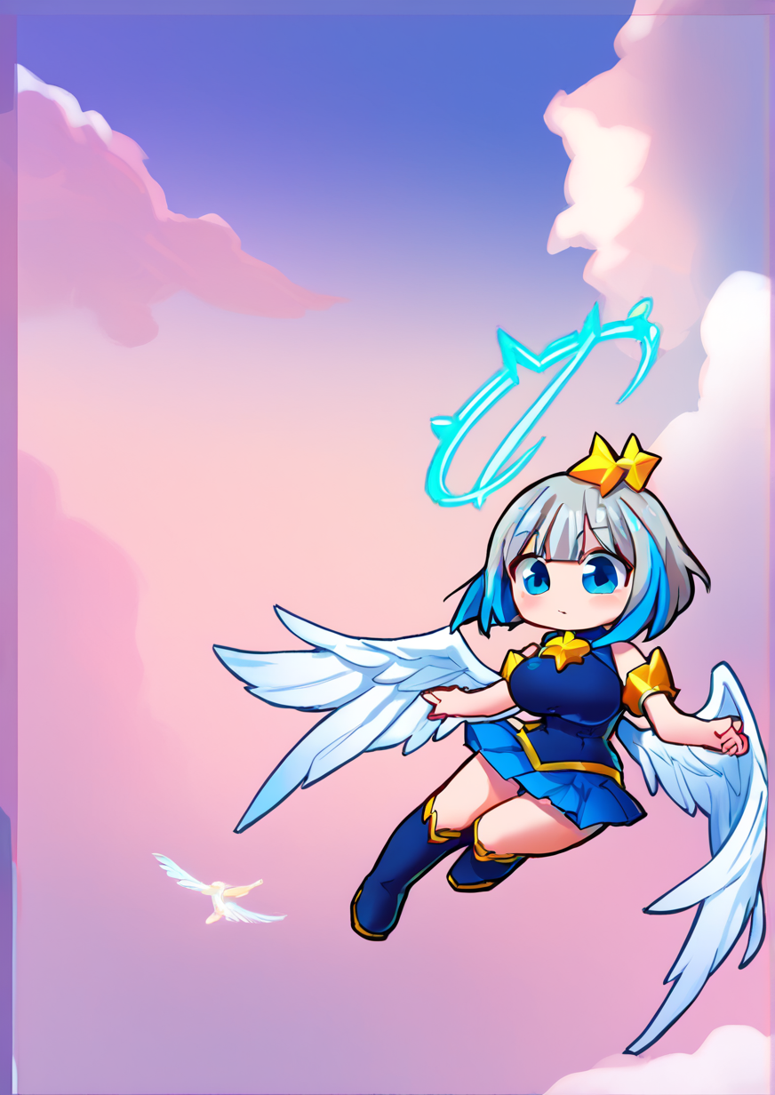 1girl, amane kanata, amane kanata (1st costume), kiryu coco (dragon), huge breast, , :3, angel, angel wings, blue eyes, blue hair, bob cut, boots, chibi, cloud, colored inner hair, dragon, feathered wings, flying, grey hair, halo, multicolored hair, short hair, skirt, sky, solo focus, star (symbol), star halo, streaked hair, wings,  zPDXL3<lora:Breast Slider - Pony_alpha1.0_rank4_noxattn_last:3> <lora:HandFixer_pdxl_Incrs_v1:1>  <lora:SUISUI:1>