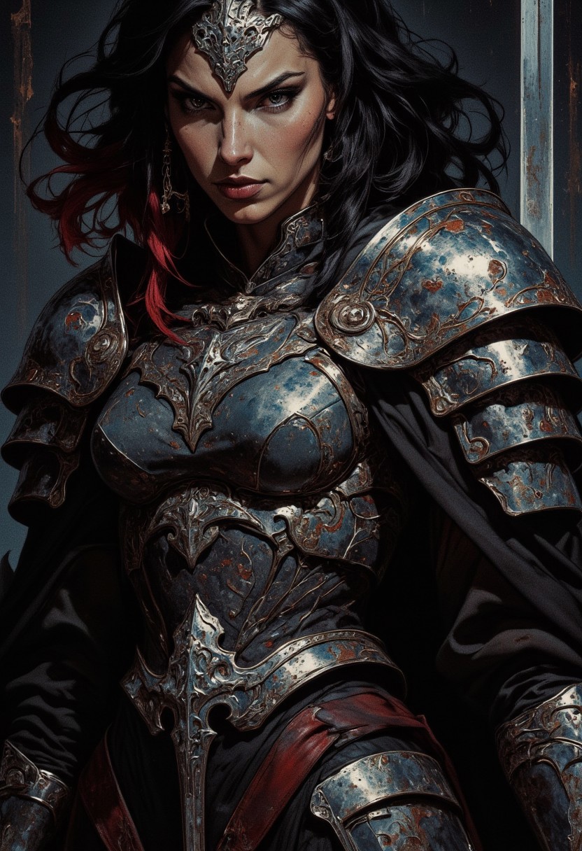 closeup portrait an oriental female knight, black hair with red streak, dark eyeshadow, red lips, direct gaze, dark background, silhouetted, chiascuro