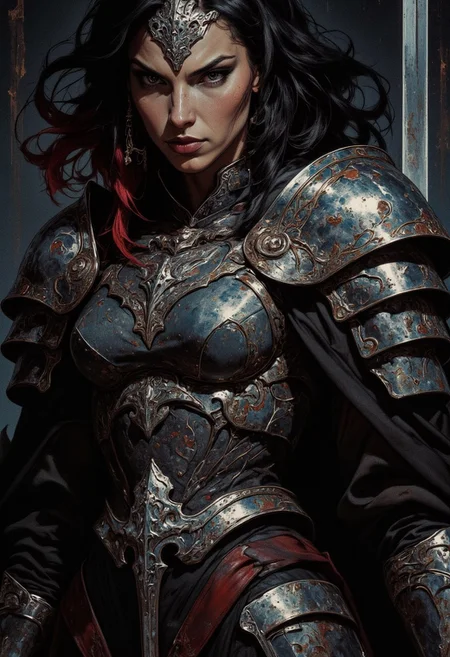 closeup portrait an oriental female knight, black hair with red streak, dark eyeshadow, red lips, direct gaze, dark background, silhouetted, chiascuro