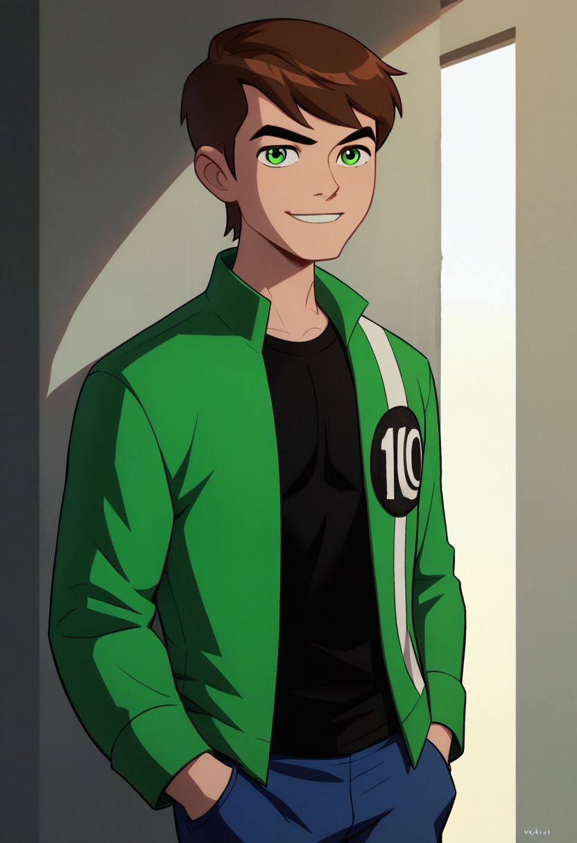 score_9, score_8_up, score_7_up,Ben_ua,1boy,solo,short hair,brown hair,green eyes,green jacked,open jacked,black shirt,smile,blue pants,hands in pockets,masterpiece,best quality