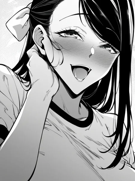 score_9, score_8_up, score_7_up,
1girl, monochrome, takane fn, black hair, long hair, swept bangs, hair ribbon, huge breasts,
upper body, gym uniform, smile, open mouth, nose blush, naughty face, narrowed eyes, hand on own cheek,