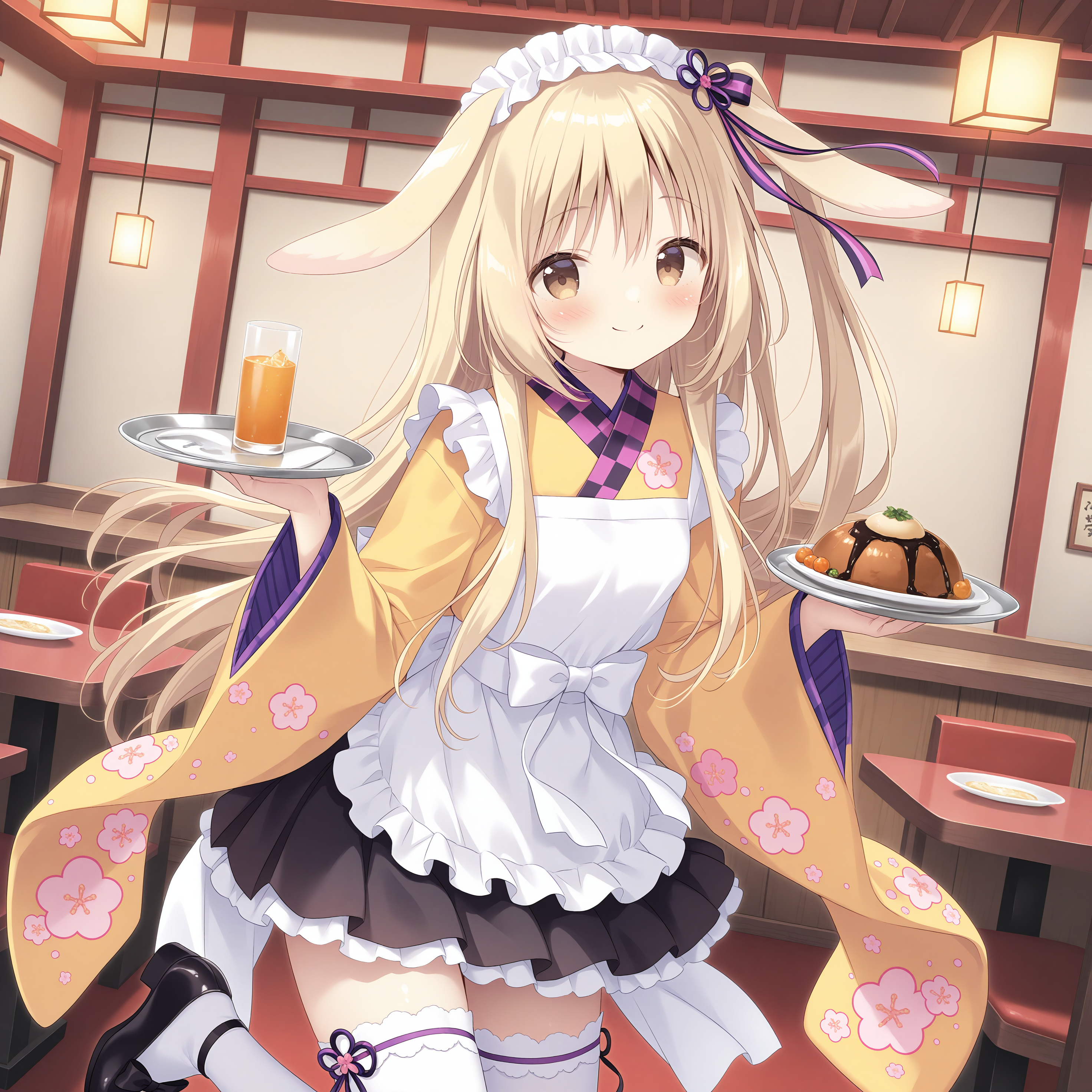 <lora:Momose_Mitsuki_2_nai-000023:1>,Momose Mitsuki,rabbit ears,
one side up,hair ribbon,purple ribbon,striped ribbon,two-tone ribbon,wa maid,pleated skirt,long sleeves,white thighhighs,wide sleeves,japanese clothes,black skirt,white apron,frilled apron,floral print,print kimono,yellow kimono,maid headdress,frilled thighhighs,leg ribbon,frilled skirt,layered skirt,purple frills,white frills,waist bow,white bow,plaid collar,plaid,footwear bow,
BREAK
1girl,solo,smile,holding plate,drinking glass,smile,indoors,restaurant,east asian architecture,looking at viewer,