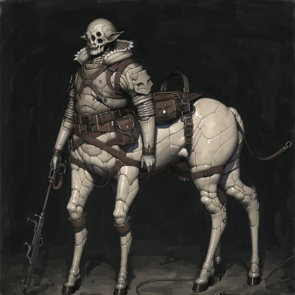 <lora:arielp:1.0>,
(arielpstyle:1.0), dark, horror, creepy, creepy-looking, painting, lovecraftian,
<lora:centaur_centaur-1--centaur-2_centaur-3--retro_ham_avas_jun_rifl--08-02:1.0>, (centaur, taur, centauroid:1.0), full body, masterpiece, best quality, 1girl, ,looking at viewer, tall, solo,military,tactical coat,belt,backpack,saddle bag ,long boots