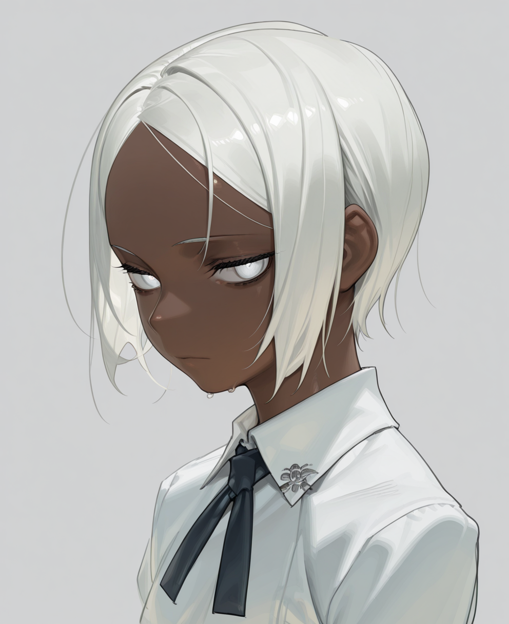 <lora:amrkdrw:1> amrkdrw,
(masterpiece), (best quality), (ultra-detailed), amazing quality, very aesthetic, illustration, perfect composition, intricate details, absurdres, incredibly absurdres, shiny skin, realistic,
 amrkdrw, solo, dark skin, white background, simple background, shirt, collared shirt, white eyes, short hair, white shirt, skinned female, 1girl, closed mouth, portrait, white hair, looking at viewer, closed eyes, ribbon, neck ribbon, general